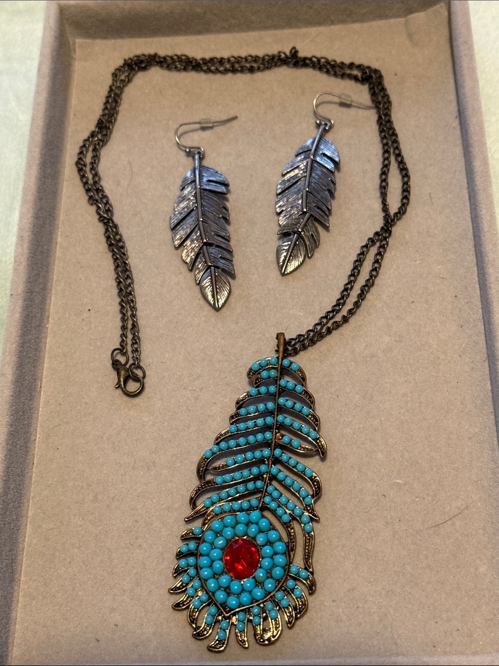 Turquoise & Red Feather Pendant Necklace with Feather Earrings - Women Jewelry